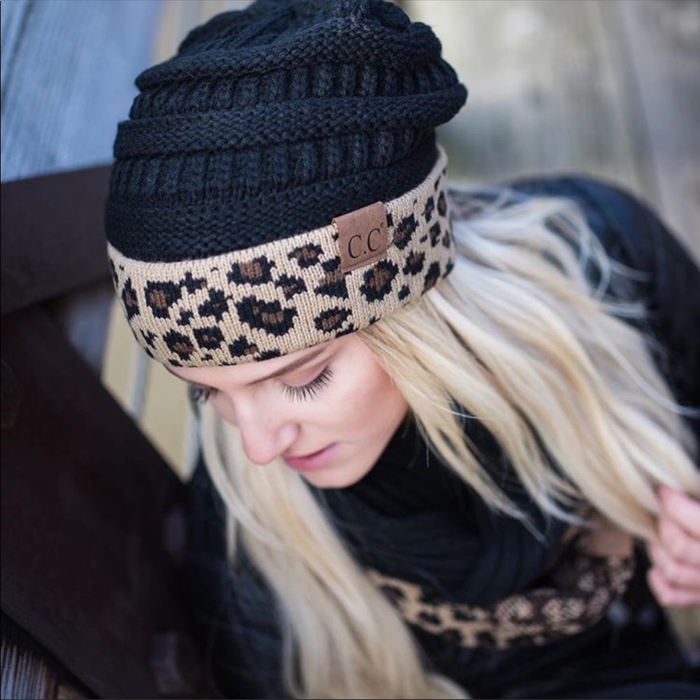 C.C. Messy Bun Leopard Print Beanie